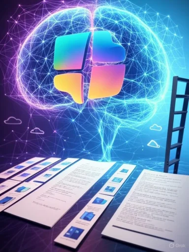 Neon brain-shaped network surrounds a glowing Windows logo above documents on a table.