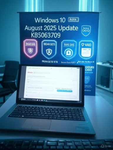 A laptop sits on a desk in front of a neon Windows 10 August 2025 Update poster.