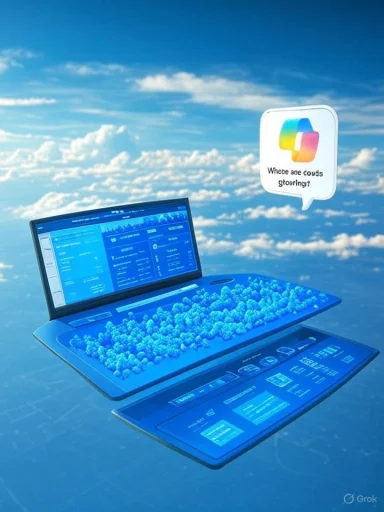 A futuristic blue laptop with a crystal keyboard hovers above the clouds, illustrating cloud computing.