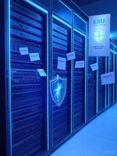 Blue-lit server racks in a data center with a glowing shield emblem.
