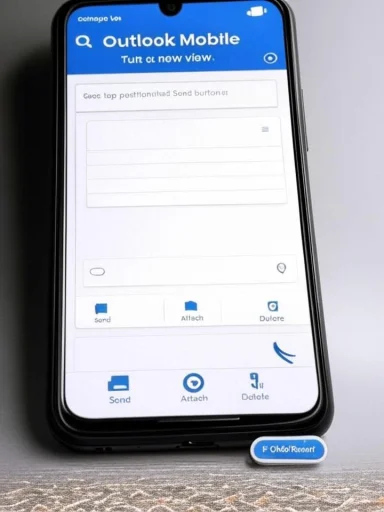Smartphone screen displaying Outlook Mobile’s compose view with a blue header and bottom toolbar.