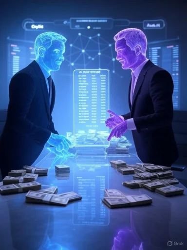 Two suited businessmen shake hands by a glowing holographic display with piles of cash.
