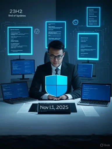 A suited man sits before glowing screens and a shield, signaling cybersecurity on Nov 11, 2025.