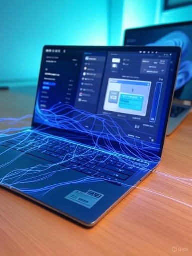A laptop on a desk with glowing blue data streams flowing across the keyboard.