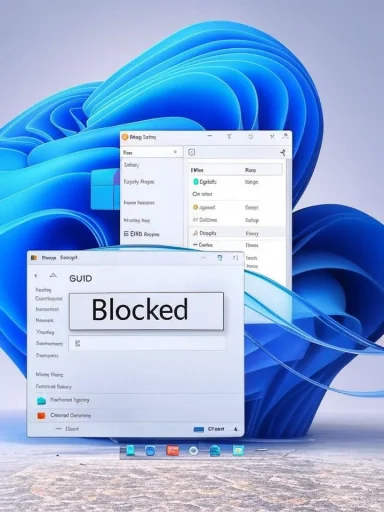A Windows-style desktop shows a large “Blocked” button on a floating window over a blue abstract wallpaper.