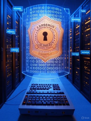 A glowing security shield with a keyhole hovers above a laptop in a blue data center.