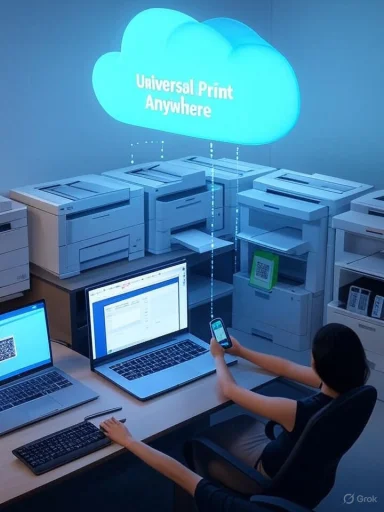 A person uses a laptop and phone to print via the Universal Print Anywhere cloud over multiple printers.