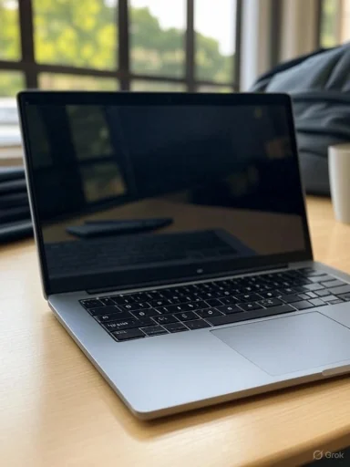 A laptop on a wooden desk by a window, with a mug nearby.