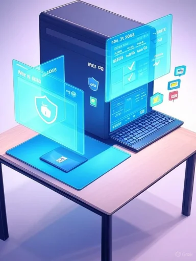 A futuristic computer setup with glowing holographic UI panels.