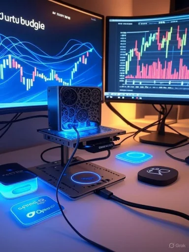 Dual-monitor trading setup showing stock charts, with a blue-lit mini PC and glowing peripherals.