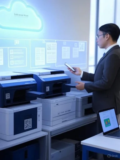 A businessman in a suit uses his smartphone beside a row of office printers.
