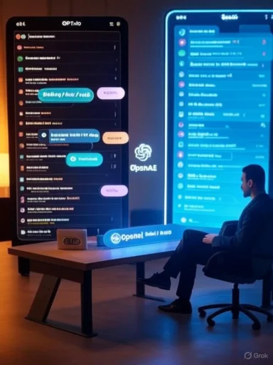 A man sits at a desk beside two giant neon-lit smartphones showing chat apps.