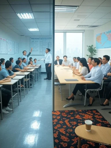 A presenter leads a training session in two connected conference rooms separated by a glass partition.