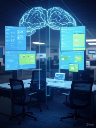 Futuristic data lab featuring a glowing blue brain hologram above stacked screens.