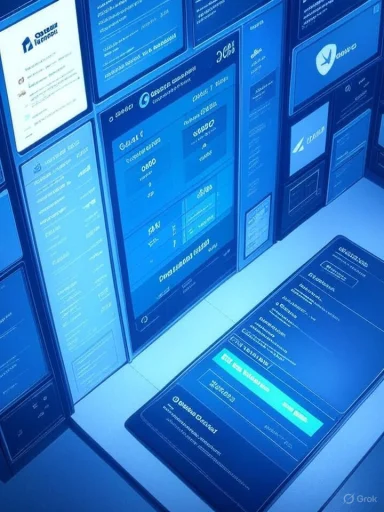 A futuristic room lined with blue screens displaying dashboards and data.