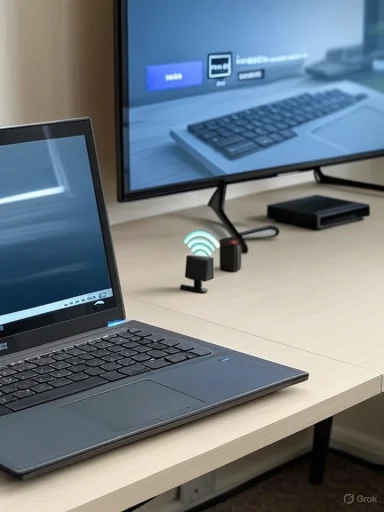 A laptop on a desk beside a large monitor, with a small wireless dongle emitting signals between them.