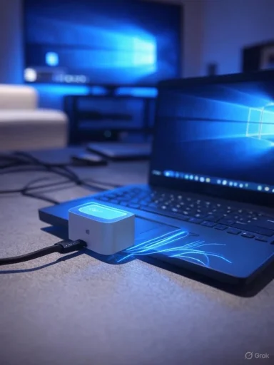 A white USB Wi‑Fi dongle plugged into a laptop, with a blue Windows wallpaper backdrop.