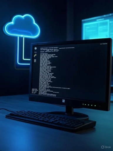 A desktop monitor displays lines of code, with a blue neon cloud sign glowing in the background.