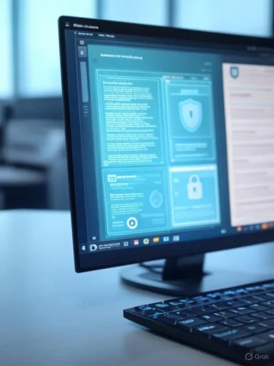 A desktop monitor displays a blue cybersecurity dashboard with shield and lock icons.