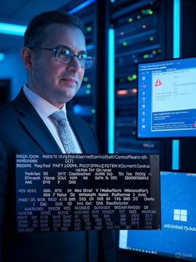 A suited man wearing glasses stands in a dim blue-lit data center with monitors displaying code.