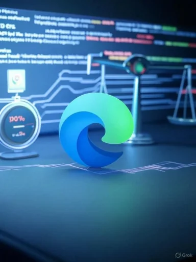 Microsoft Edge logo sits in the foreground with data charts and scales in the tech backdrop.