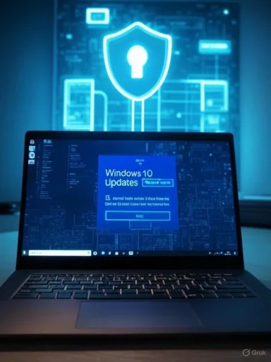 A laptop displays Windows 10 updates while a neon shield lock hologram glows in the background.