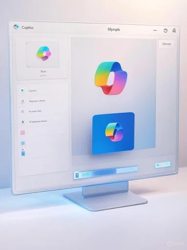 A sleek monitor shows a design app with a colorful rainbow ribbon logo.