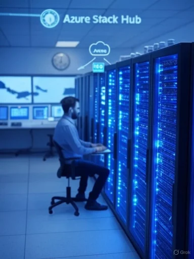Blue-lit data center with a technician at Azure Stack Hub server racks.
