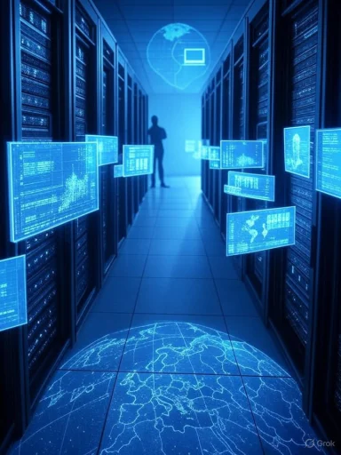 Silhouette in a futuristic data center with blue holographic screens and a glowing world map projected on the floor.