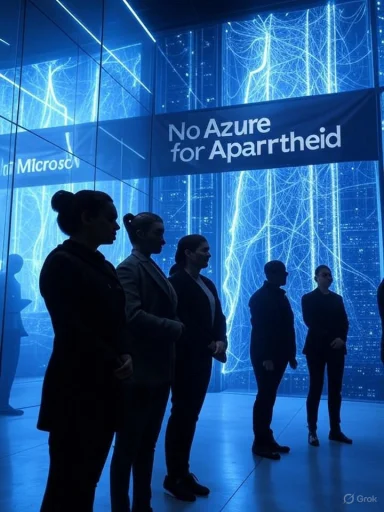 Silhouetted protesters stand in a blue-lit data center as a banner reads 'No Azure for Apartheid.'