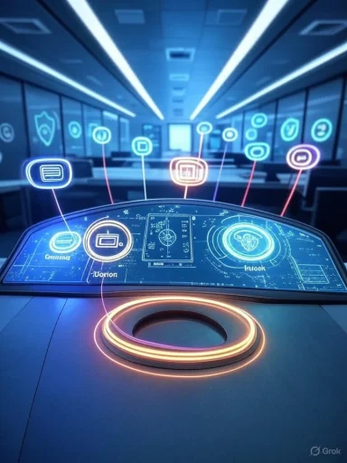 Futuristic control console with glowing holographic interfaces in a high-tech control room.