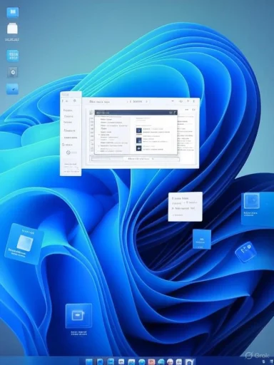 Windows desktop with a blue abstract wallpaper and floating windows.