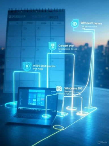 Blue neon holographic display of interconnected tech icons with laptops on a desk.
