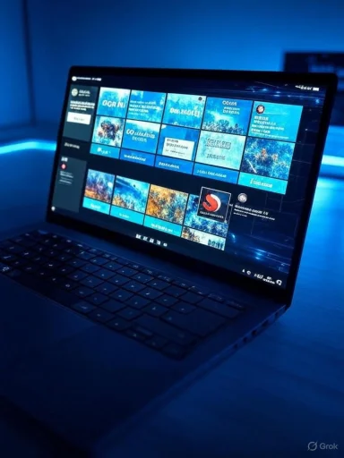 A laptop screen glows blue, showing a tile-based grid of apps.