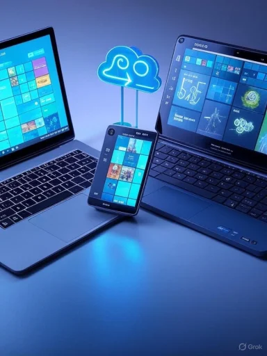 A neon cloud symbol links a laptop, tablet, and smartphone for cloud syncing.