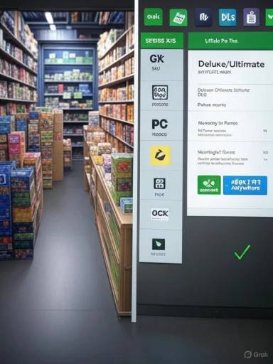 An aisle of tall shelves filled with colorful boxes, with a large digital kiosk on the right.
