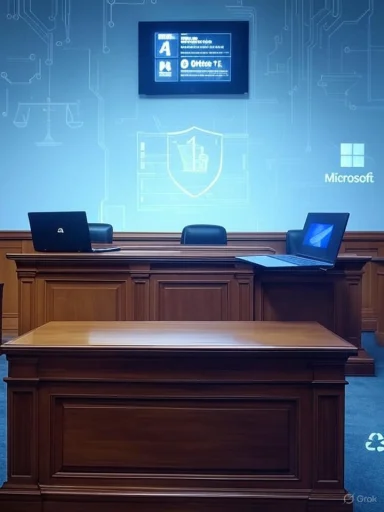 Wood-paneled courtroom dais with laptops against a blue tech-themed wall.