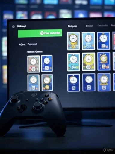 A game controller sits in front of a monitor displaying a game library.