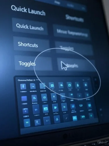 Screen shows a Quick Launch menu with shortcuts and a magnified cursor over a grid of icons.