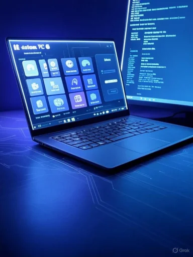 Blue-lit laptop displays a tile-style UI beside a monitor showing code.