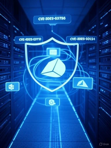 A blue holographic security shield hovers over server racks in a data center.