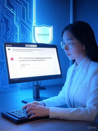 A woman in a white lab coat works at a computer in a blue, high-tech cybersecurity setup.