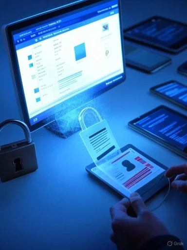 Blue-lit setup with a laptop and smartphone showing data security and a padlock icon.