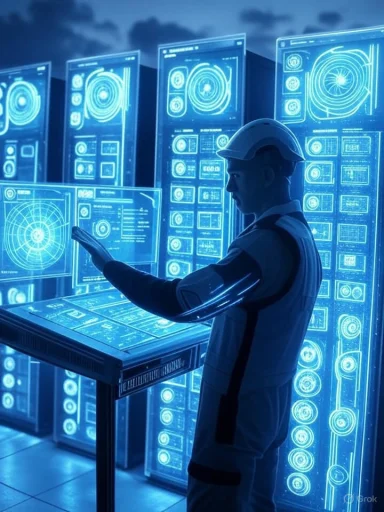 A worker in a hard hat interacts with a blue-lit, high-tech control console in a data center.