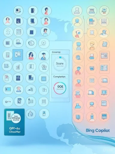 Two-column Bing Copilot infographic with device icons arranged over a world map.