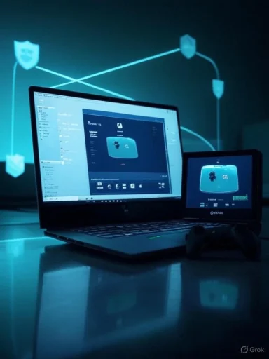 Laptop and handheld screen glow with blue cybersecurity UI in a neon-tech setup.