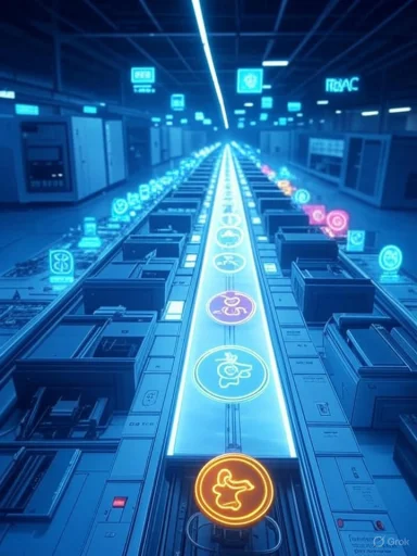 Futuristic data center with a neon blue conveyor of crypto-coin icons along rows of servers.