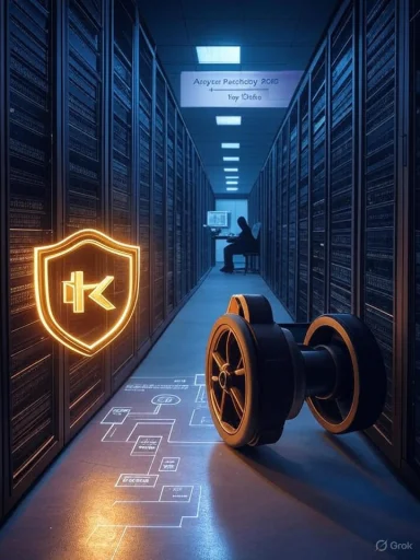 A blue-lit data center with a glowing shield emblem and a large wheel, while a technician works at a terminal.