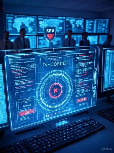 Futuristic command center with a holographic N-Central radar display and analysts in the background.