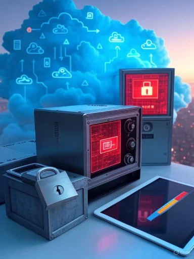 Vintage servers guard cloud data, symbolized by a padlock and blue cloud icons.